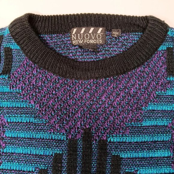 Vintage 90s Nuovo New Forces Large Sweater 3D Look Blue Black Purple Geometric - Picture 6 of 13